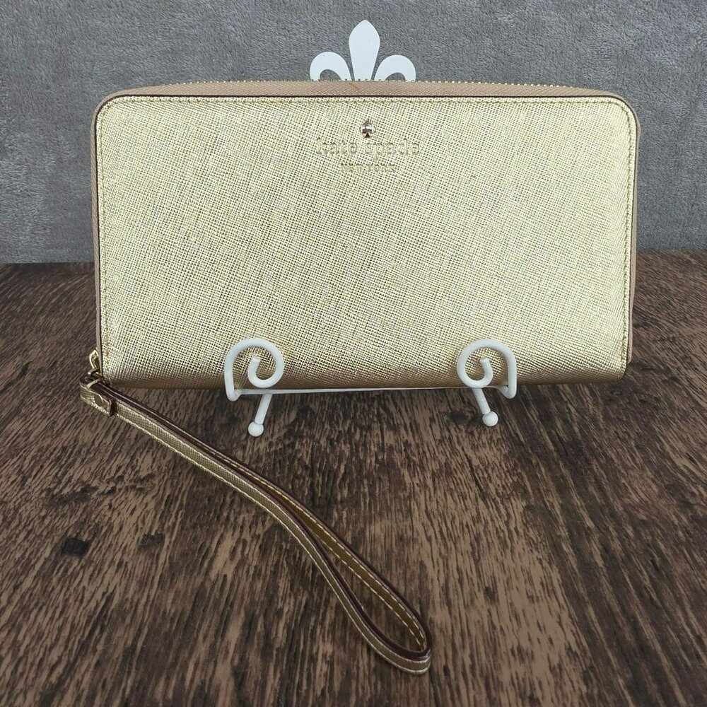 Kate Spade Talk is Chic Wristlet Wallet Metallic Gold Zip Card Slots Storybook
